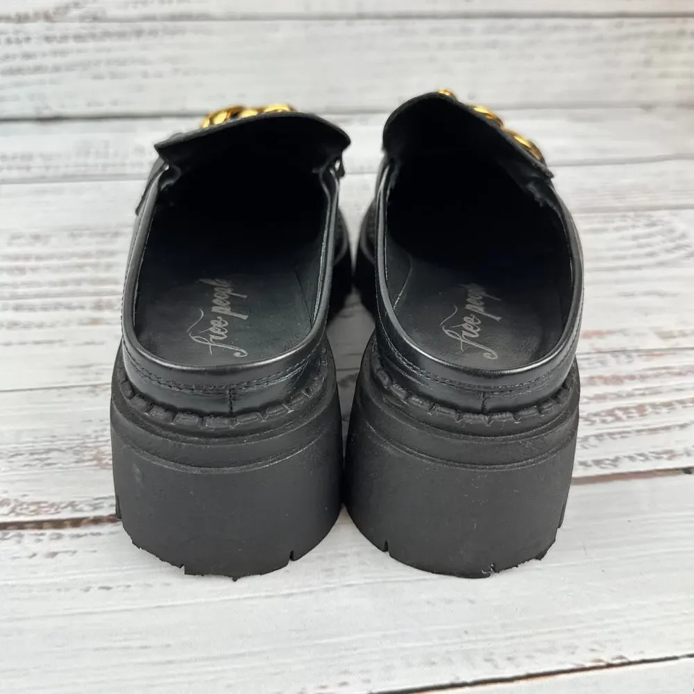 Free People Lyra Link Womens US 8.5 Mule Loafer Shoes Black Gold